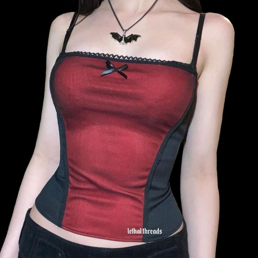 Lethal threads Red and Black mesh gothic tank Top